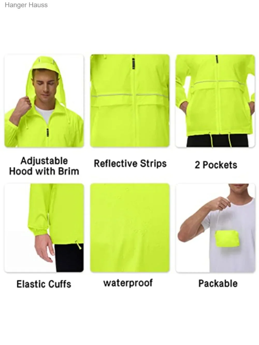 Men's Waterproof Rain Jacket Windbreaker with Hood Packable Reflective Strip